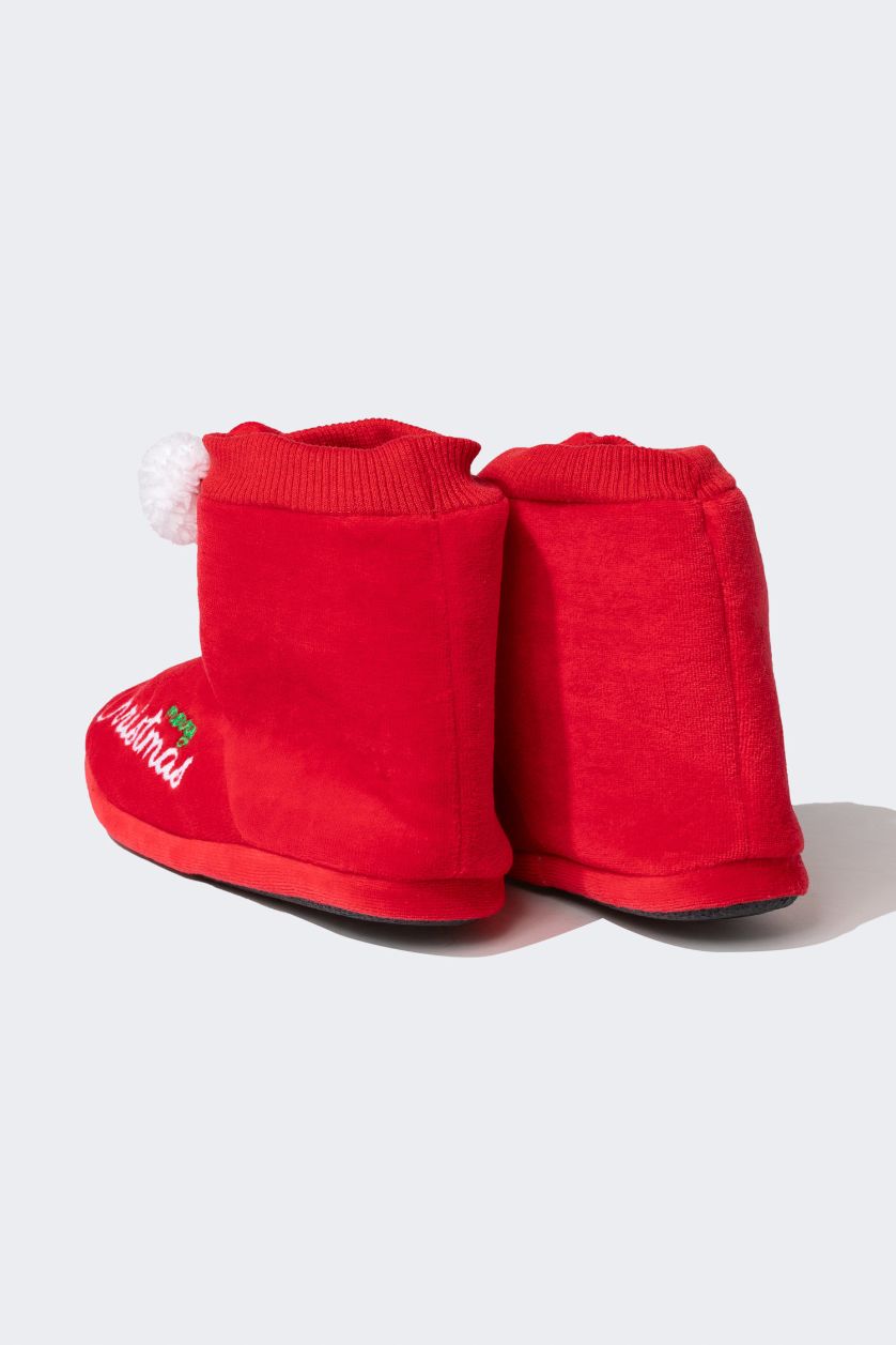 أولاد أحمر شبشب منزلي ولادي بكعب مسطح بطبعة كريسمس