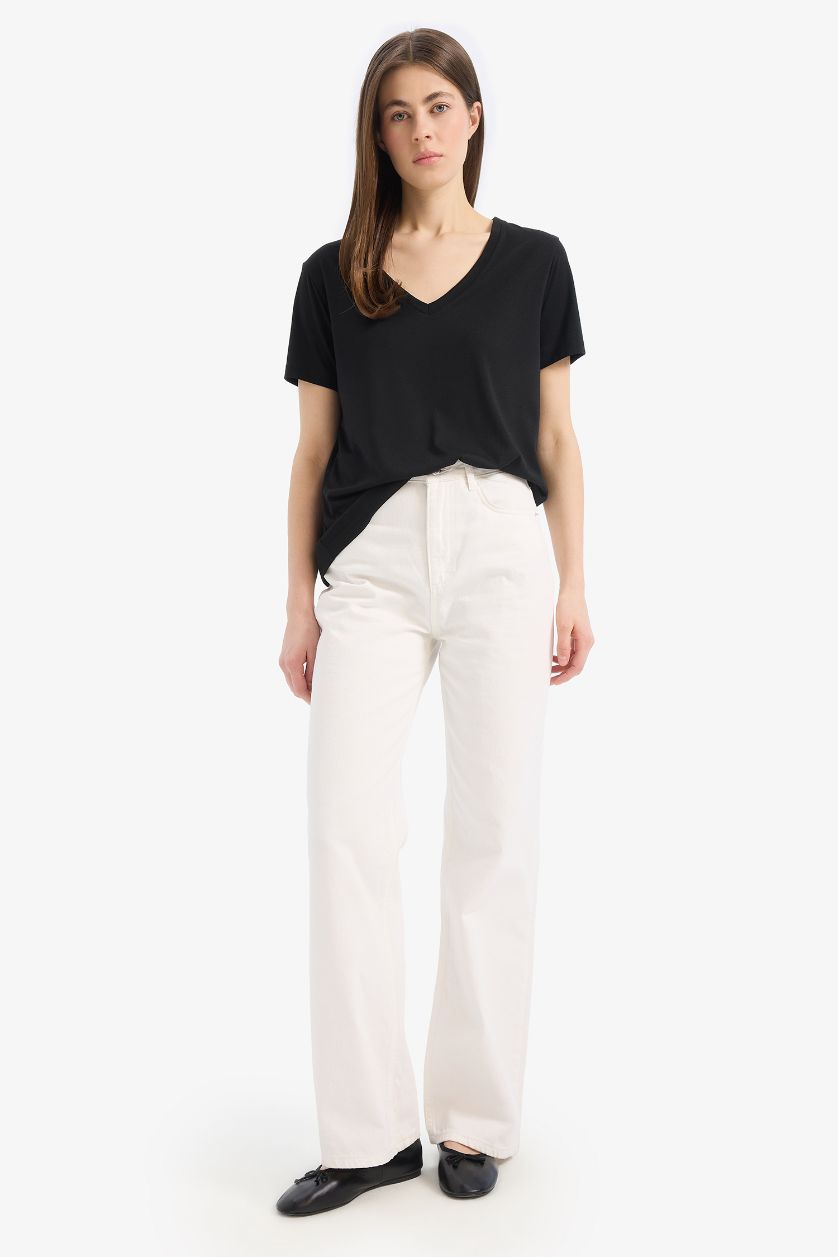 نساء أسود تيشيرت نص كم عادي قصة عادية برقبة V