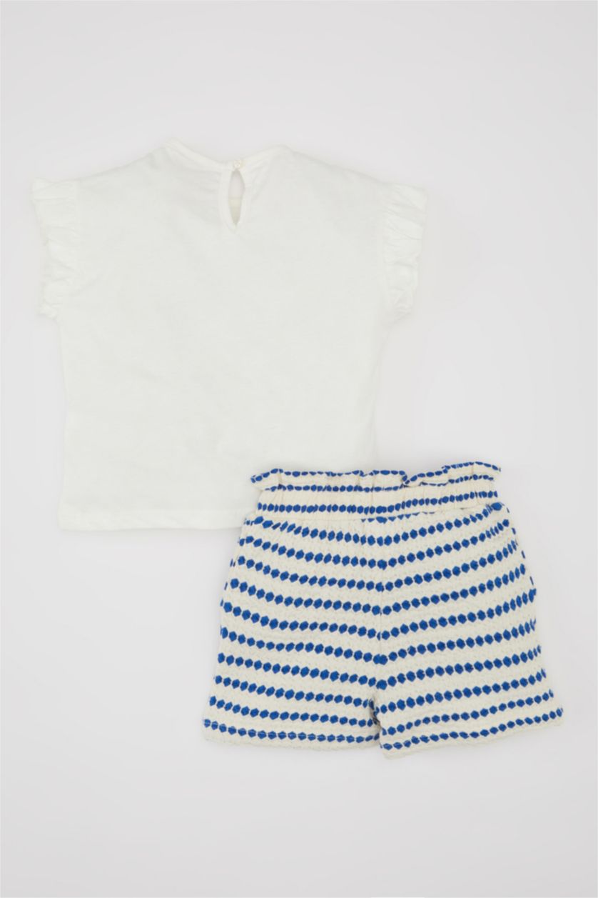 BÉBÉ FILLE Écru Ensemble en Tricot Col Ras Du Cou Slogan Manche Courte BéBé Fille