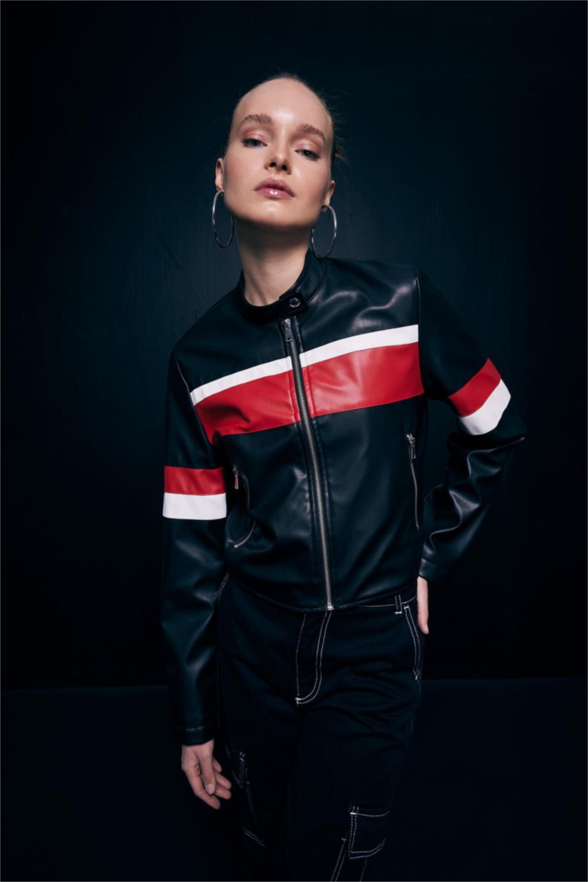 WOMAN Red Regular Fit Faux Leather Jacket