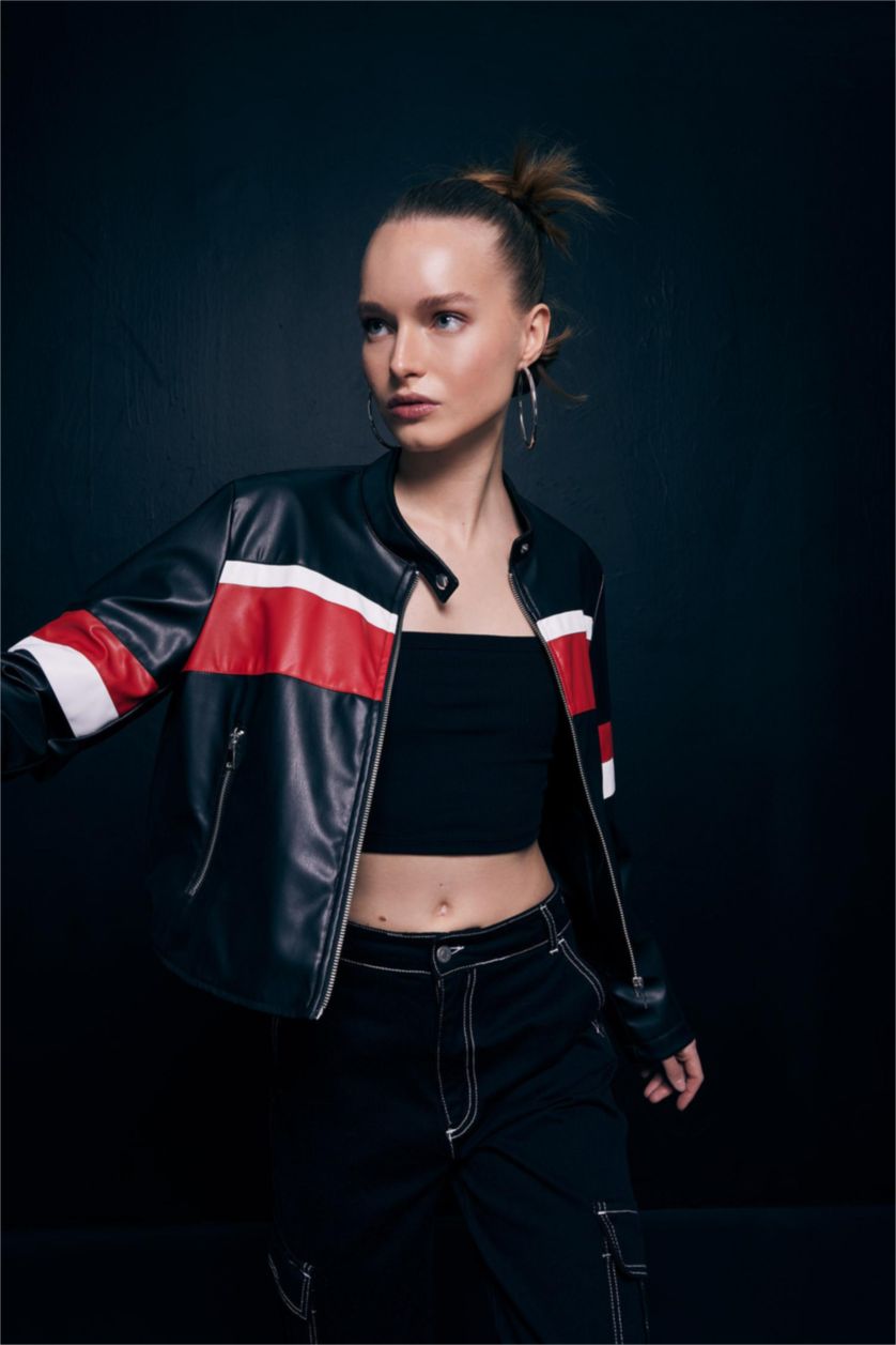 WOMAN Red Regular Fit Faux Leather Jacket