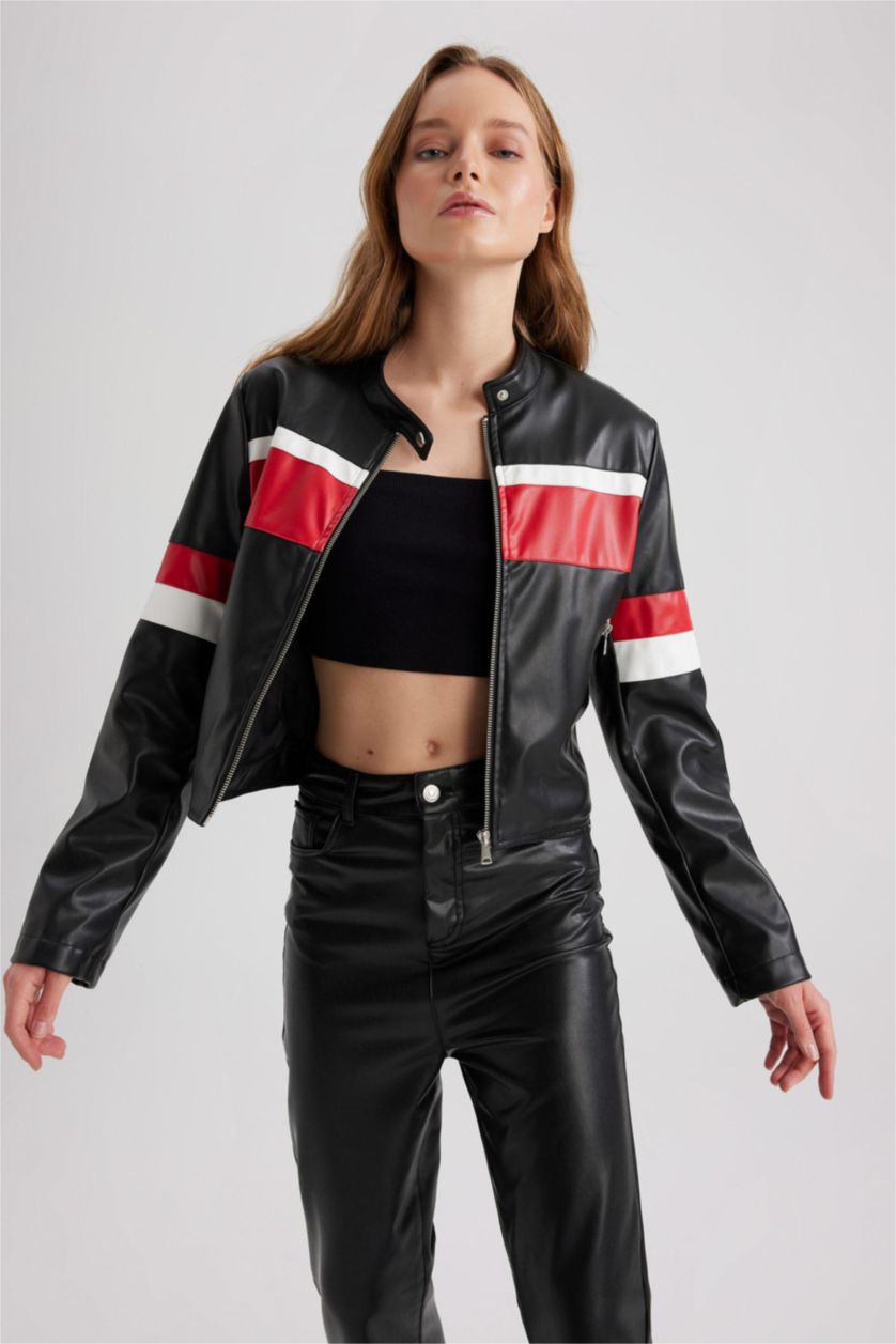 WOMAN Red Regular Fit Faux Leather Jacket