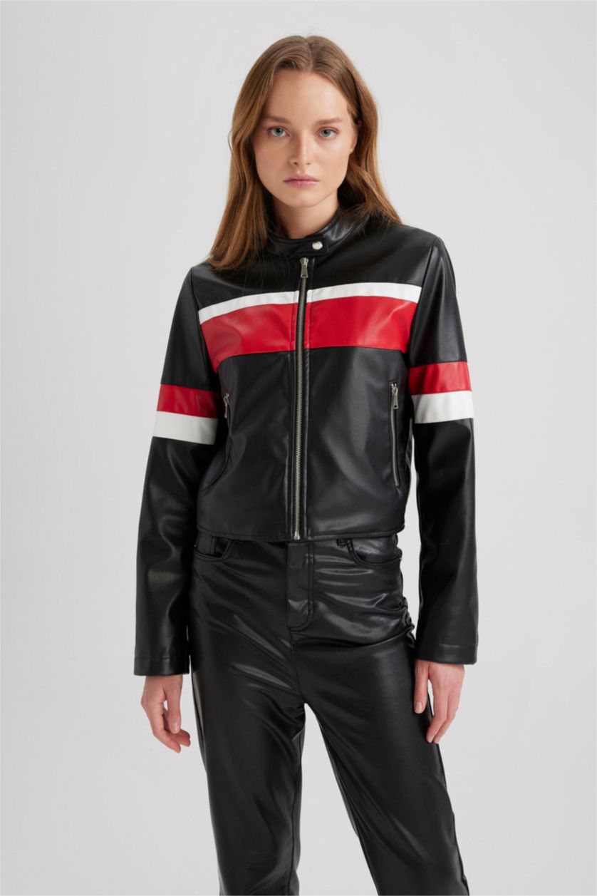 WOMAN Red Regular Fit Faux Leather Jacket