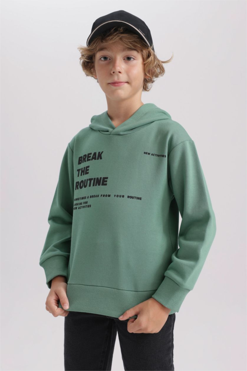 Erkek Çocuk - Genç Erkek Açık Yeşil New Regular Fıt Kapüşonlu Sweatshirt Erkek Çocuk