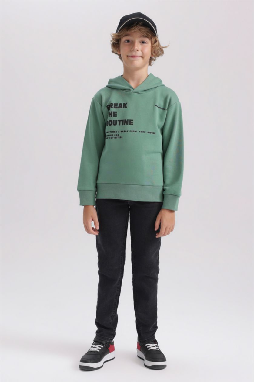 Erkek Çocuk - Genç Erkek Açık Yeşil New Regular Fıt Kapüşonlu Sweatshirt Erkek Çocuk