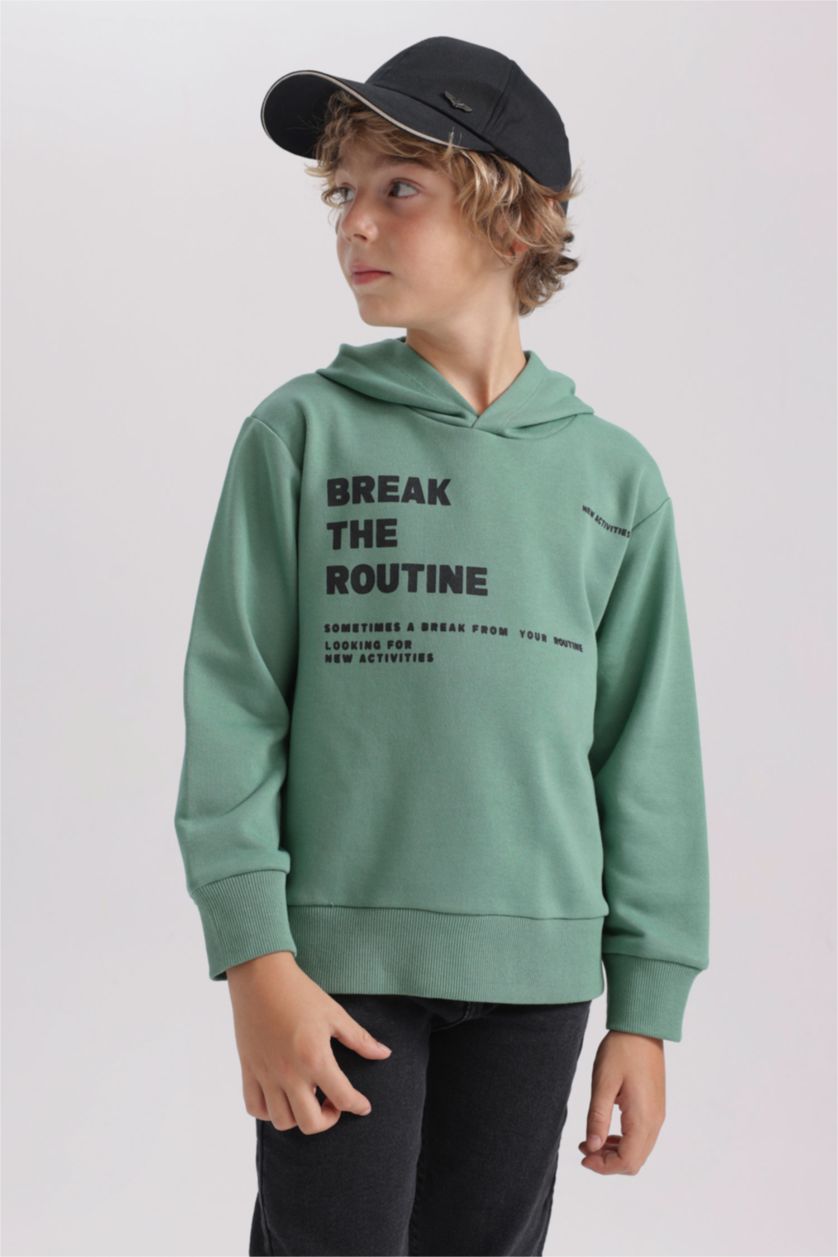 Erkek Çocuk - Genç Erkek Açık Yeşil New Regular Fıt Kapüşonlu Sweatshirt Erkek Çocuk