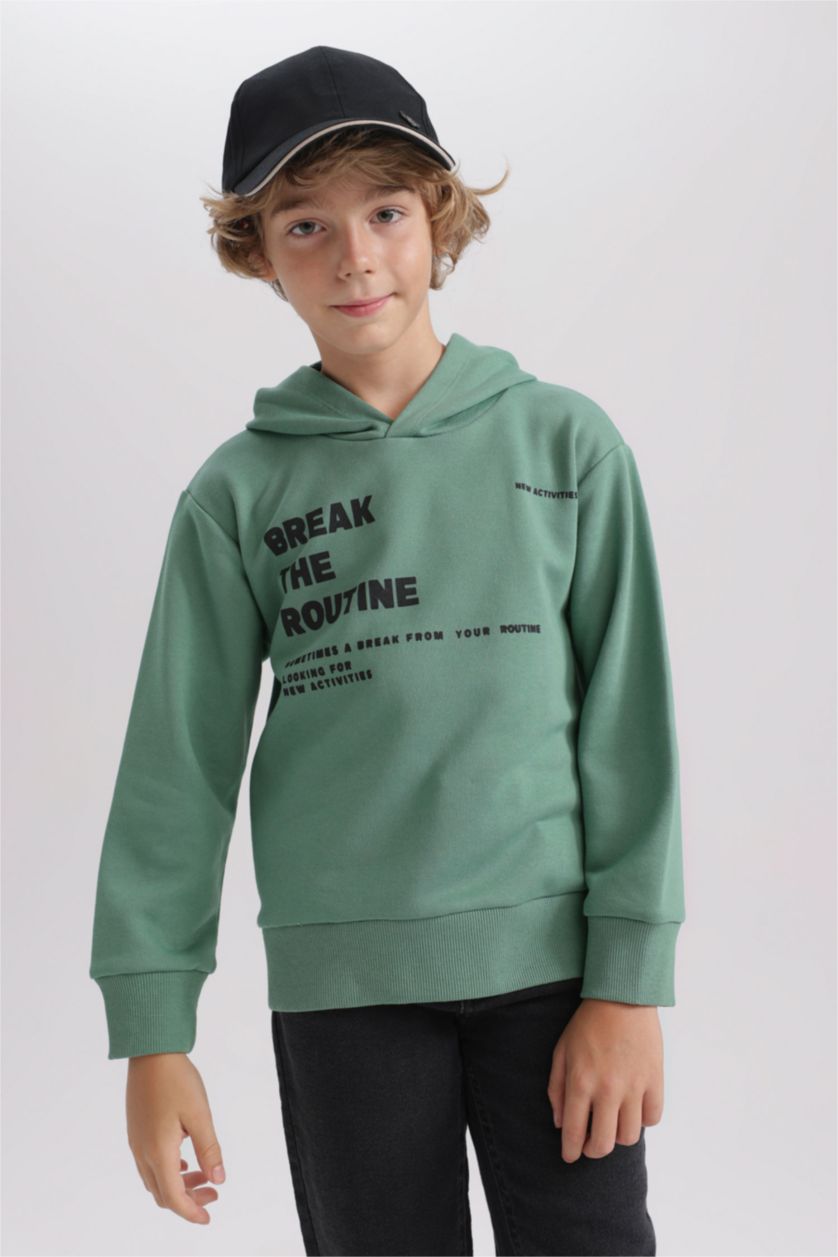 Erkek Çocuk - Genç Erkek Açık Yeşil New Regular Fıt Kapüşonlu Sweatshirt Erkek Çocuk