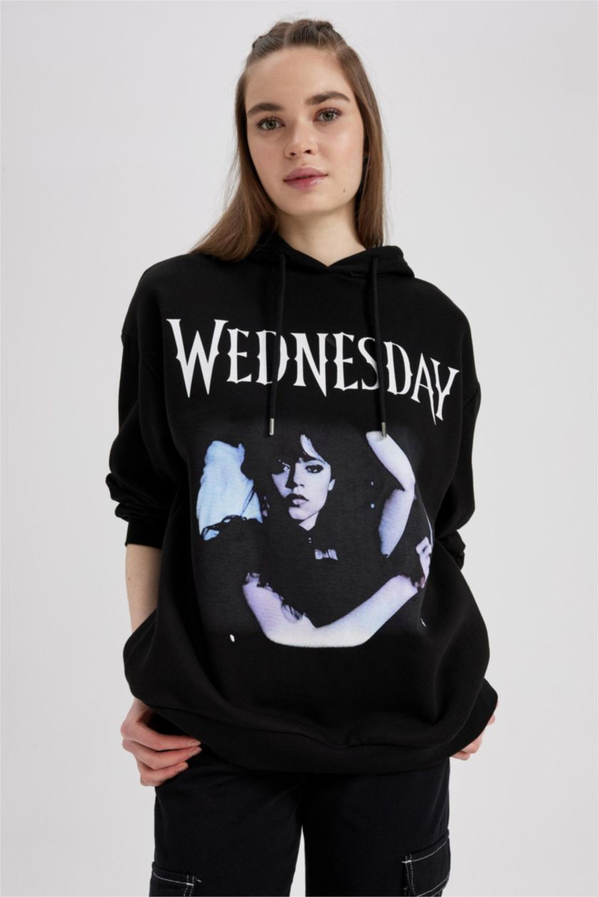 Жіночий Чорний Світшот оверсайз з капюшоном Wednesday з принтом з товстої тканини для жінок
