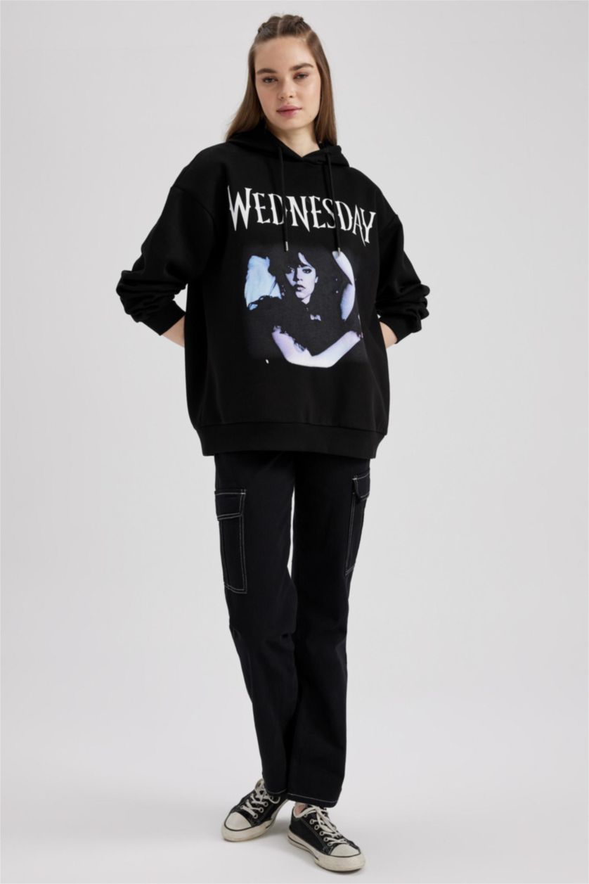 Жіночий Чорний Світшот оверсайз з капюшоном Wednesday з принтом з товстої тканини для жінок