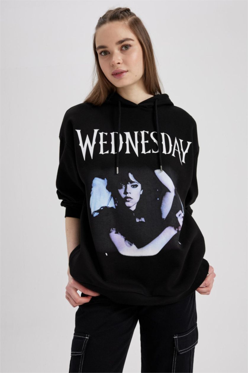Жіночий Чорний Світшот оверсайз з капюшоном Wednesday з принтом з товстої тканини для жінок
