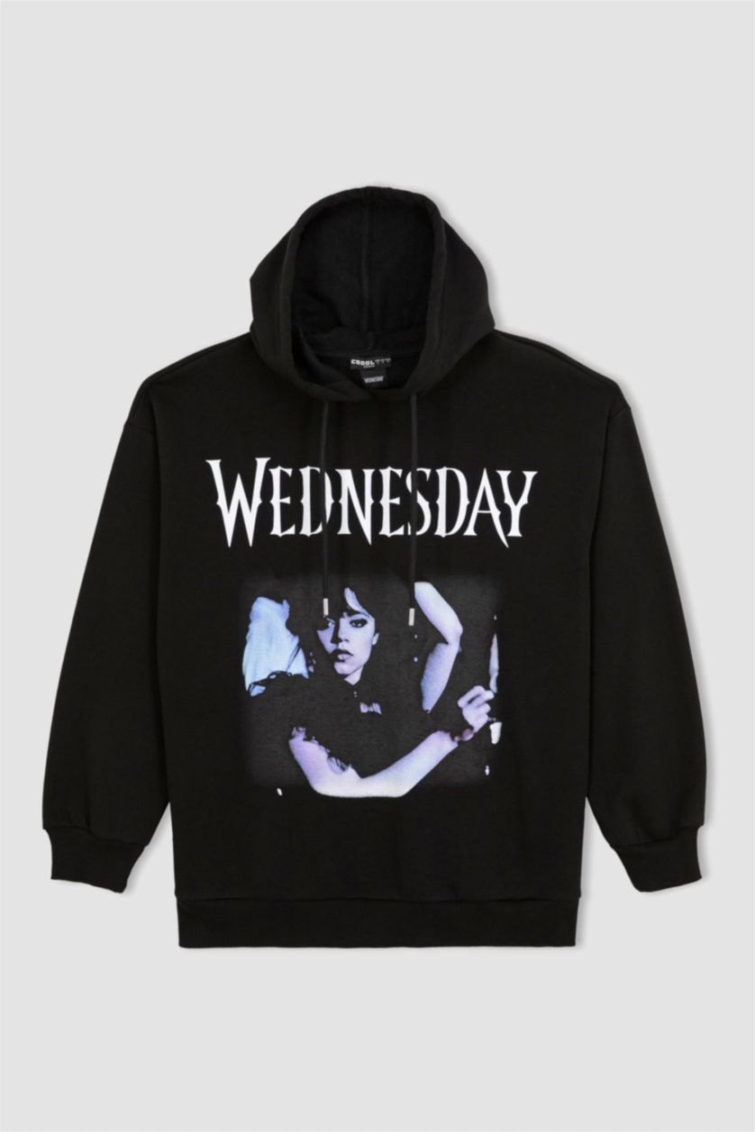 Жіночий Чорний Світшот оверсайз з капюшоном Wednesday з принтом з товстої тканини для жінок