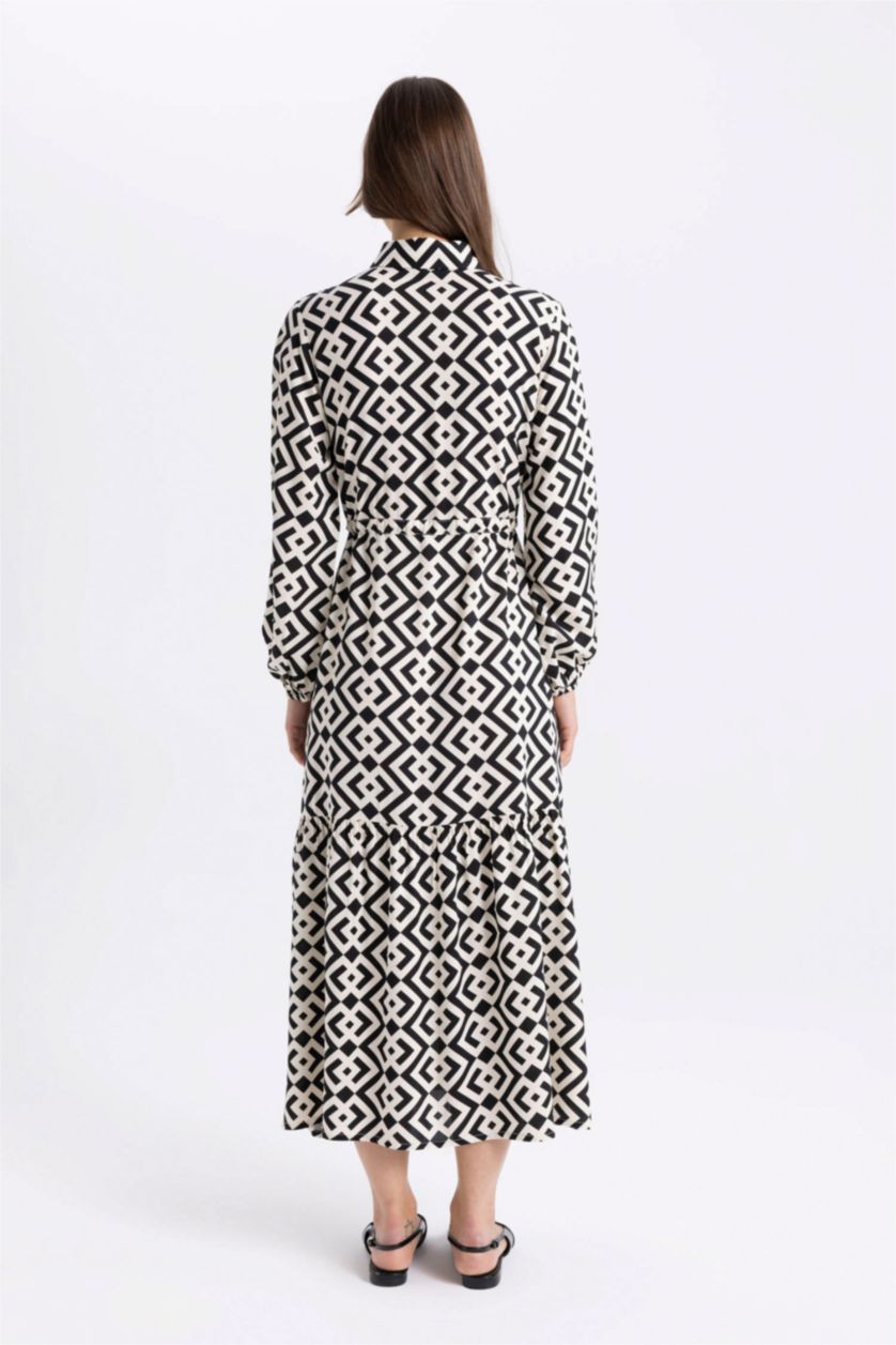 FEMME Noir Robe longue en viscose imprimée à manches longues et col chemise