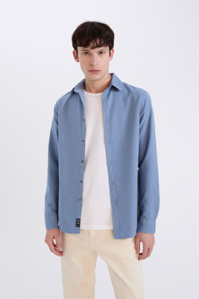 رجالي أزرق قميص قطن كم طويل سليم فيت