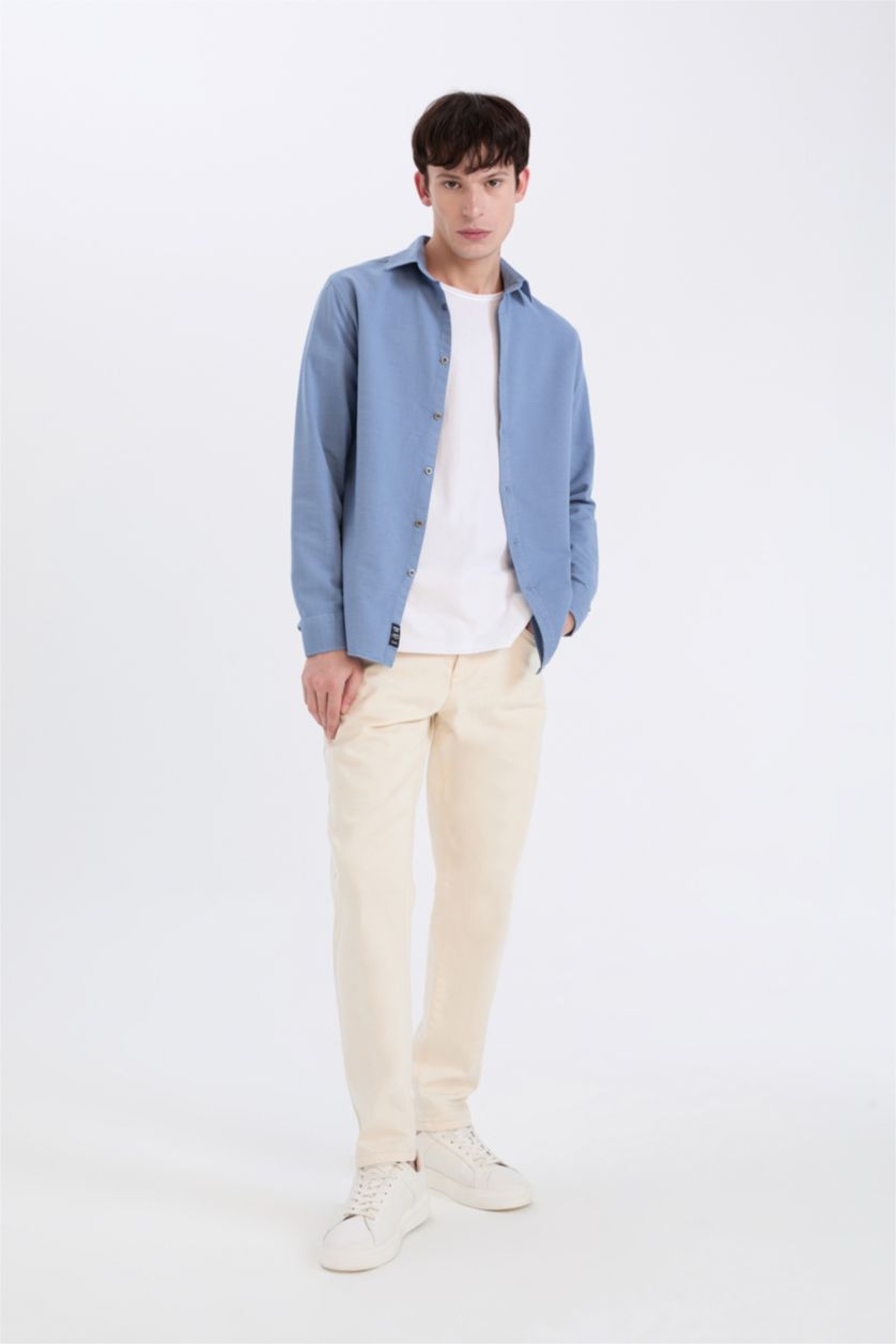 رجالي أزرق قميص قطن كم طويل سليم فيت