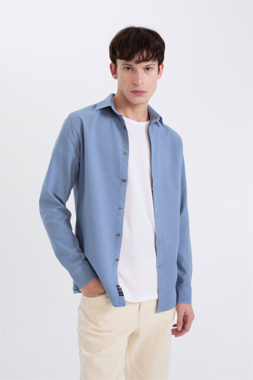 رجالي أزرق قميص قطن كم طويل سليم فيت