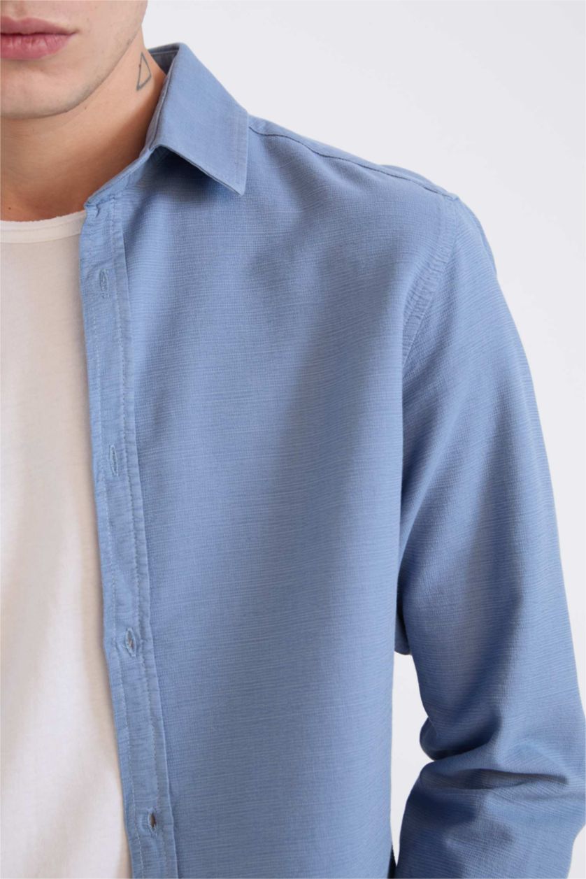 رجالي أزرق قميص قطن كم طويل سليم فيت