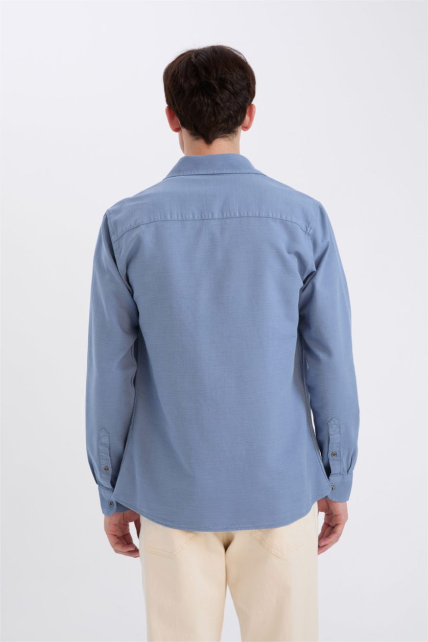 رجالي أزرق قميص قطن كم طويل سليم فيت