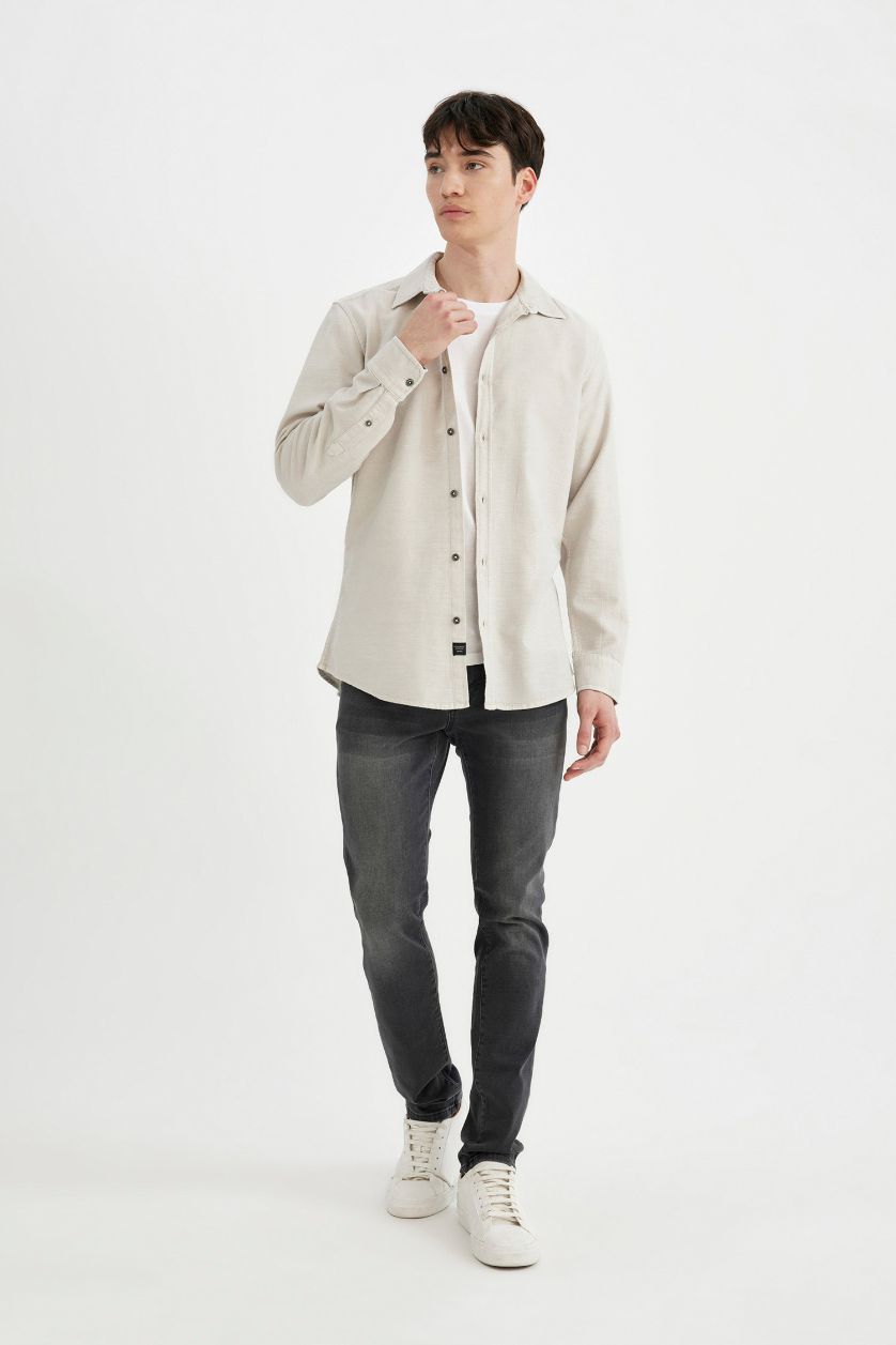 Erkek Taş Slim Fit Dar Kesim Pamuklu Basic Düz Uzun Kollu Gömlek