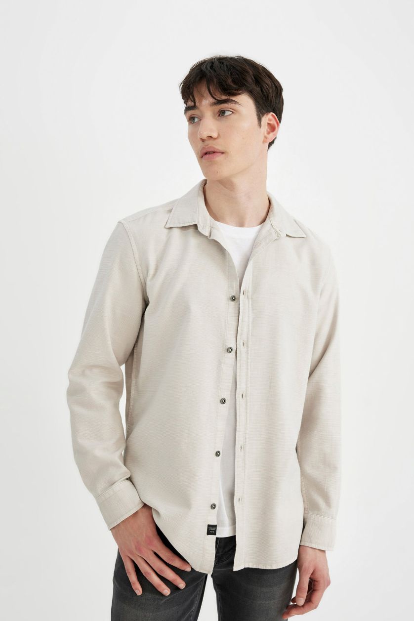 Erkek Taş Slim Fit Dar Kesim Pamuklu Basic Düz Uzun Kollu Gömlek