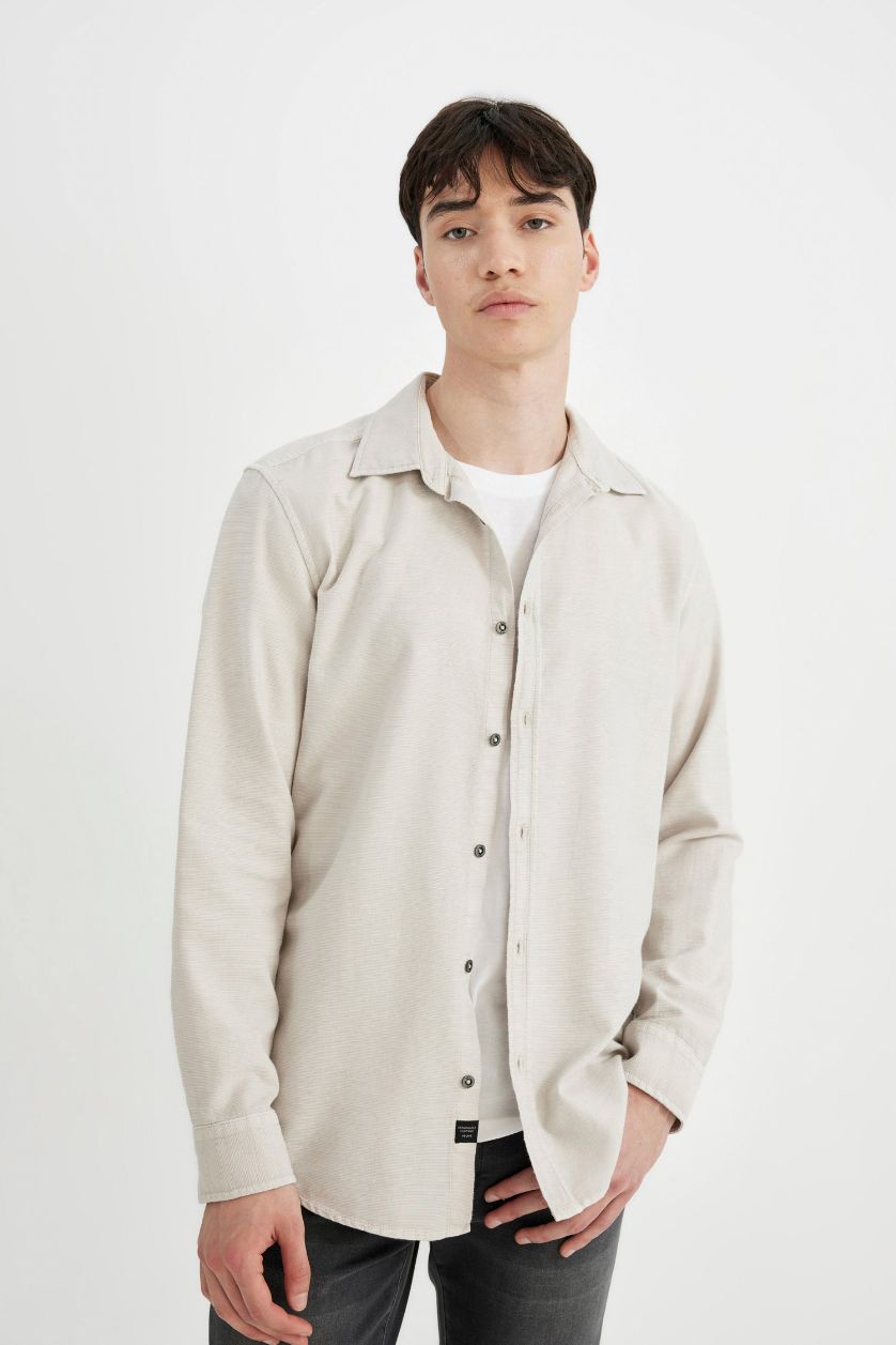 Erkek Taş Slim Fit Dar Kesim Pamuklu Basic Düz Uzun Kollu Gömlek