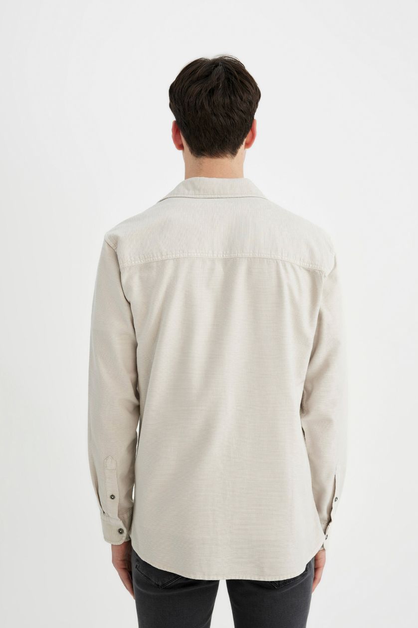 Erkek Taş Slim Fit Dar Kesim Pamuklu Basic Düz Uzun Kollu Gömlek