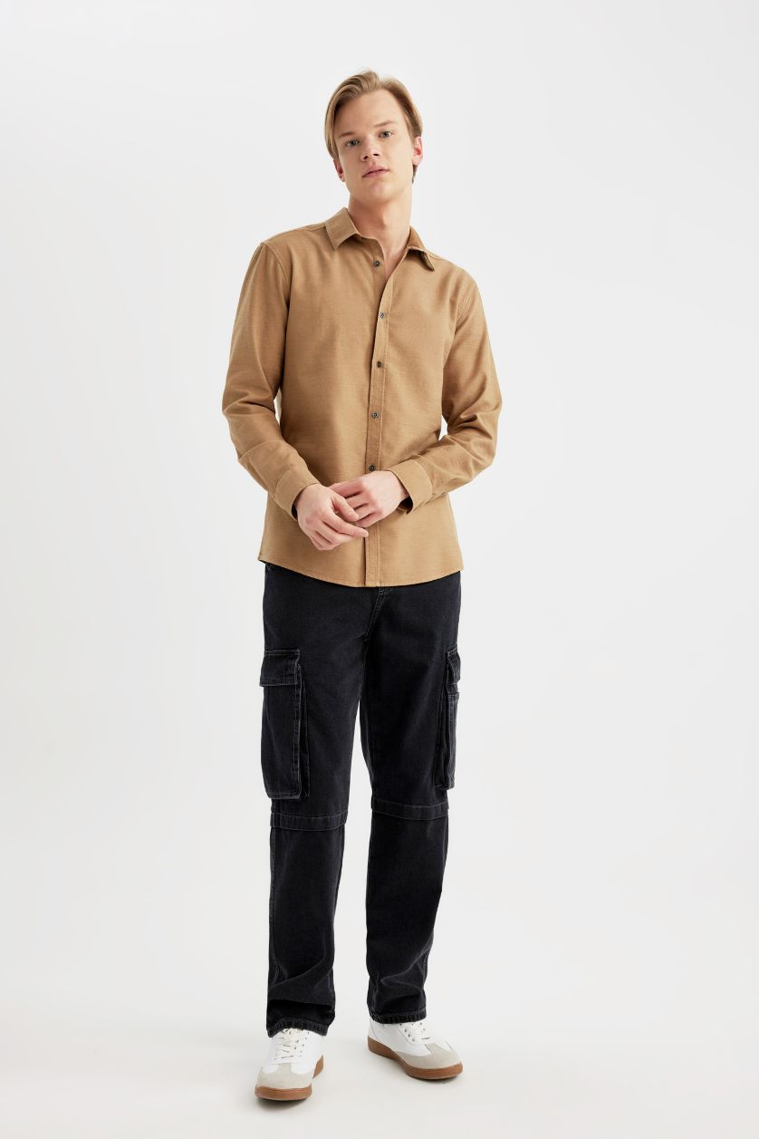 Erkek Camel Slim Fit Dar Kesim Pamuklu Basic Düz Uzun Kollu Gömlek