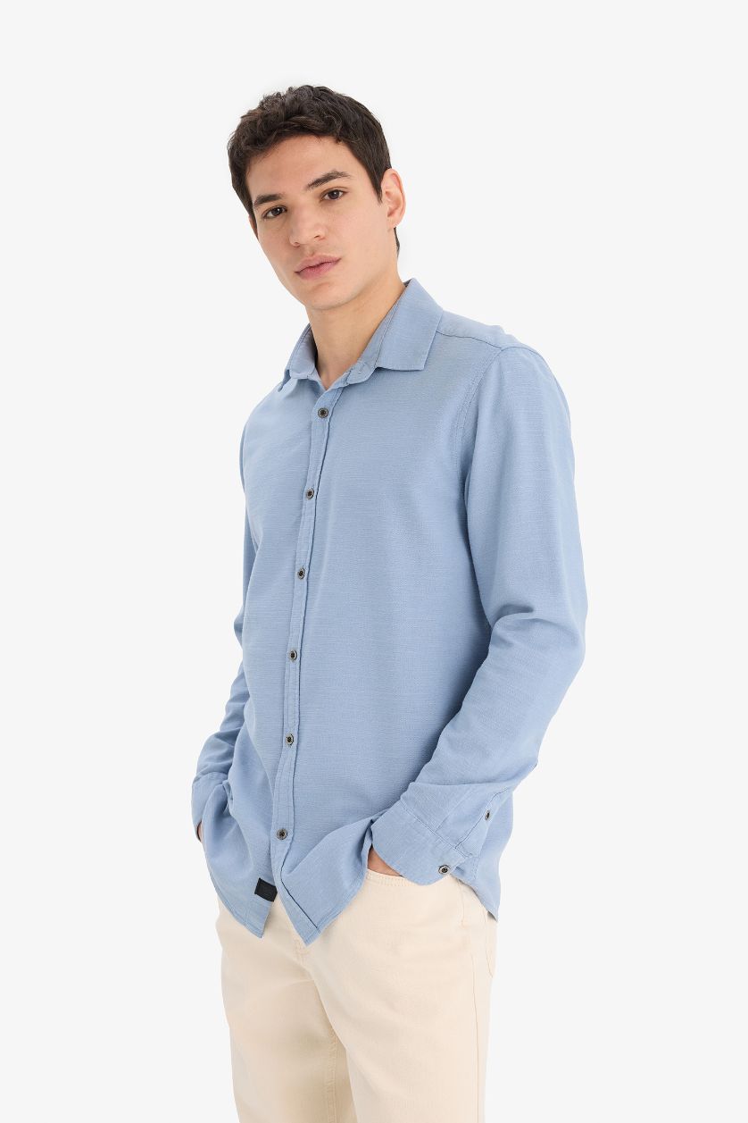 Man Blue Slim Fit Cotton Long Sleeve Shirt