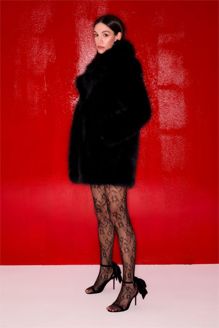 Kadın Siyah Uzun Pelüş Kaban Oversize Geniş Kalıp Çıtçıtlı