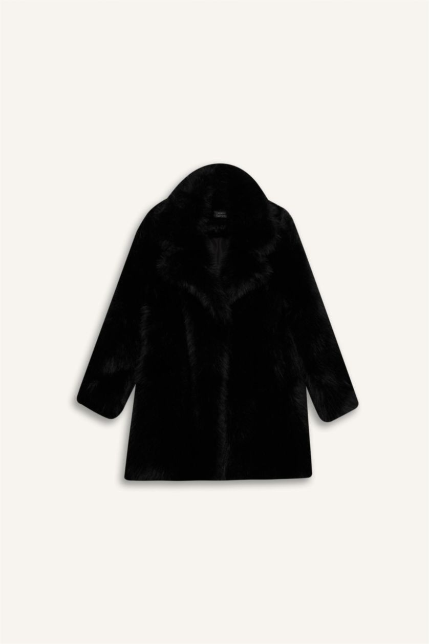 Kadın Siyah Uzun Pelüş Kaban Oversize Geniş Kalıp Çıtçıtlı