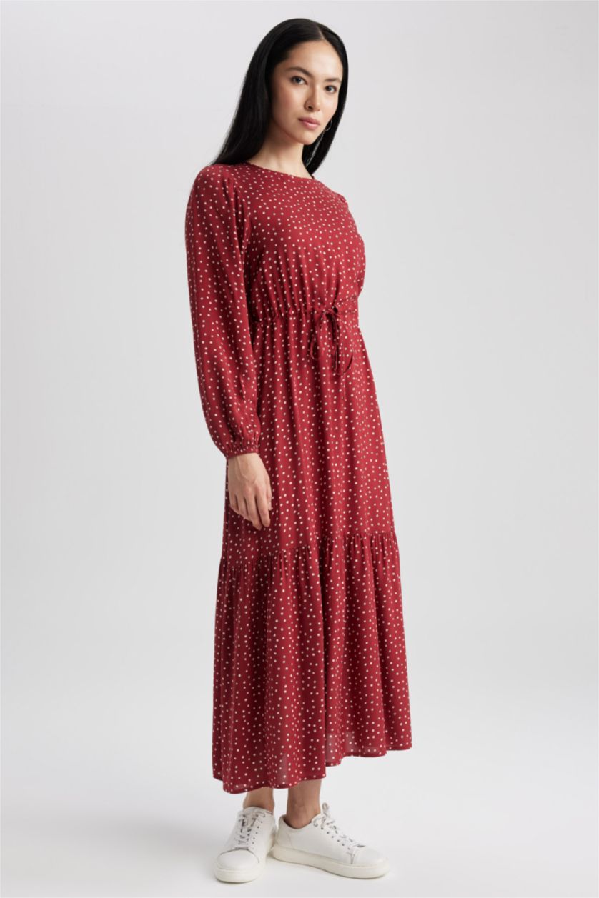 WOMAN Bordeaux Regular Fit Crew Neck Printed Viscose Dress