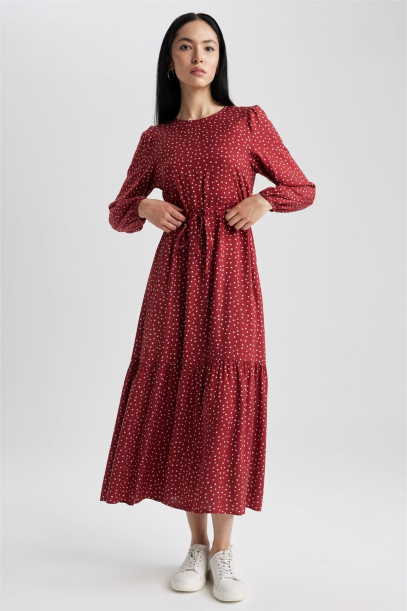 WOMAN Bordeaux Regular Fit Crew Neck Printed Viscose Dress