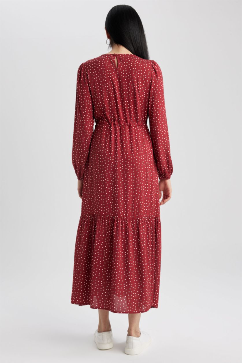 WOMAN Bordeaux Regular Fit Crew Neck Printed Viscose Dress