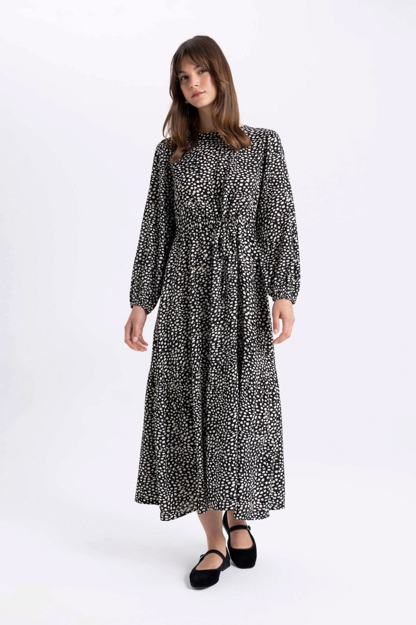 FEMME Noir Robe longue en viscose imprimée à manches longues et col rond