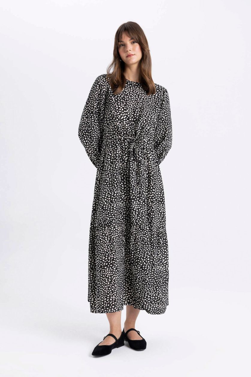 FEMME Noir Robe longue en viscose imprimée à manches longues et col rond