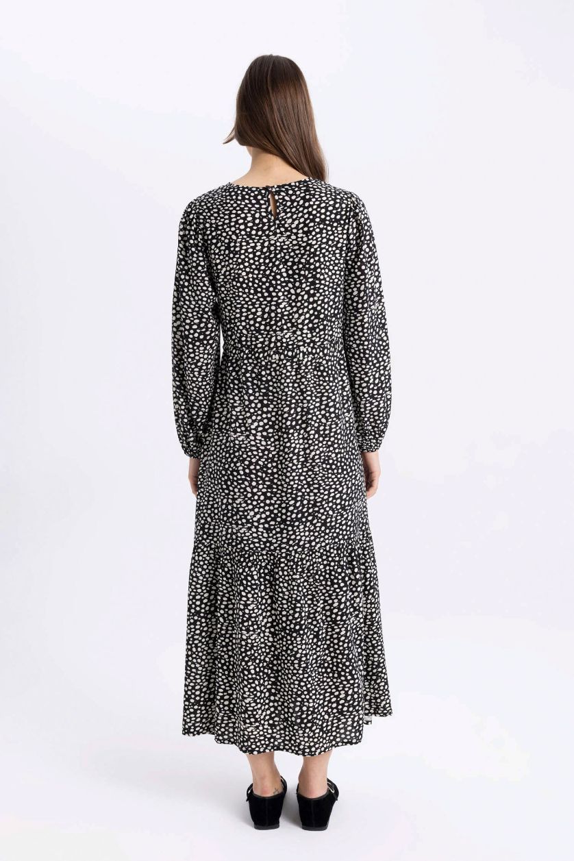 FEMME Noir Robe longue en viscose imprimée à manches longues et col rond