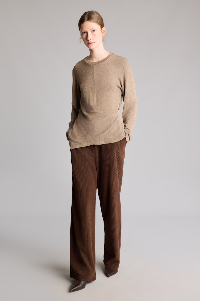 FEMME Marron Pantalon en velours côtelé large à taille haute Coupe droite