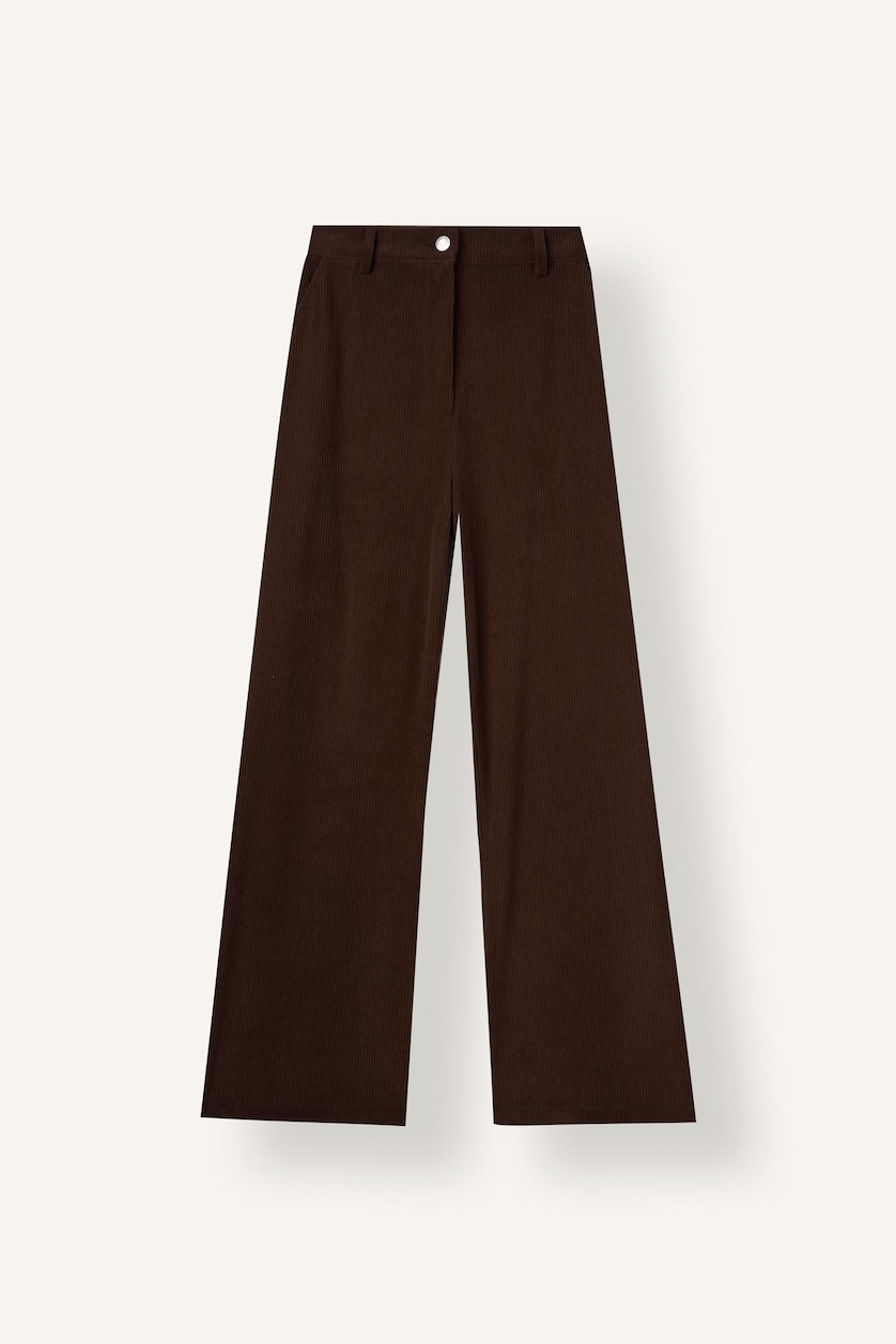 FEMME Marron Pantalon en velours côtelé large à taille haute Coupe droite