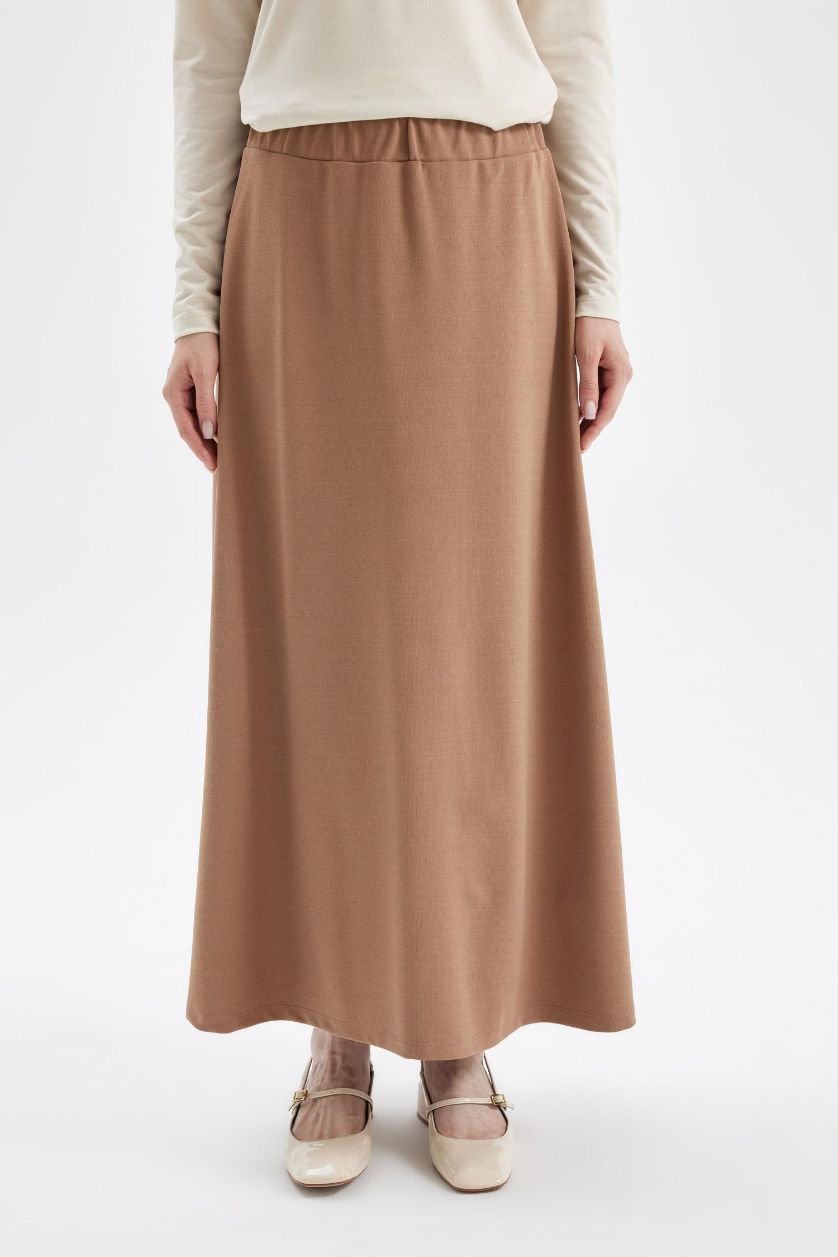 Kadın Camel A Kesim Skuba Dalgıç Kumaş Basic Düz Maxi Etek