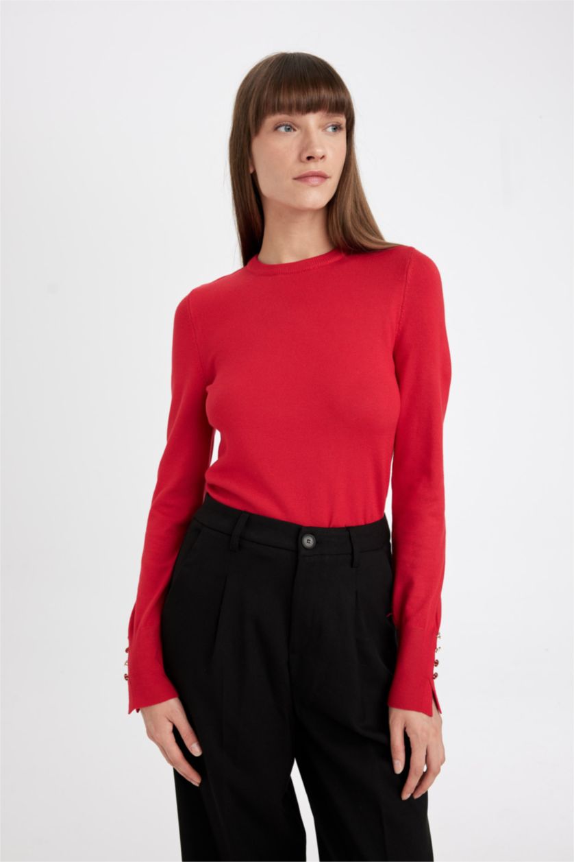 حريمي أحمر بلوفر قصة عادية برقبة مستديرة