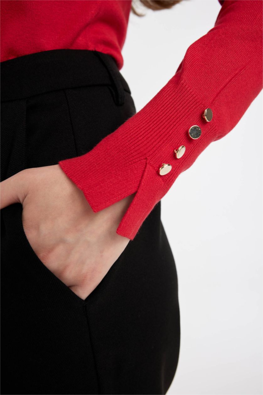 حريمي أحمر بلوفر قصة عادية برقبة مستديرة