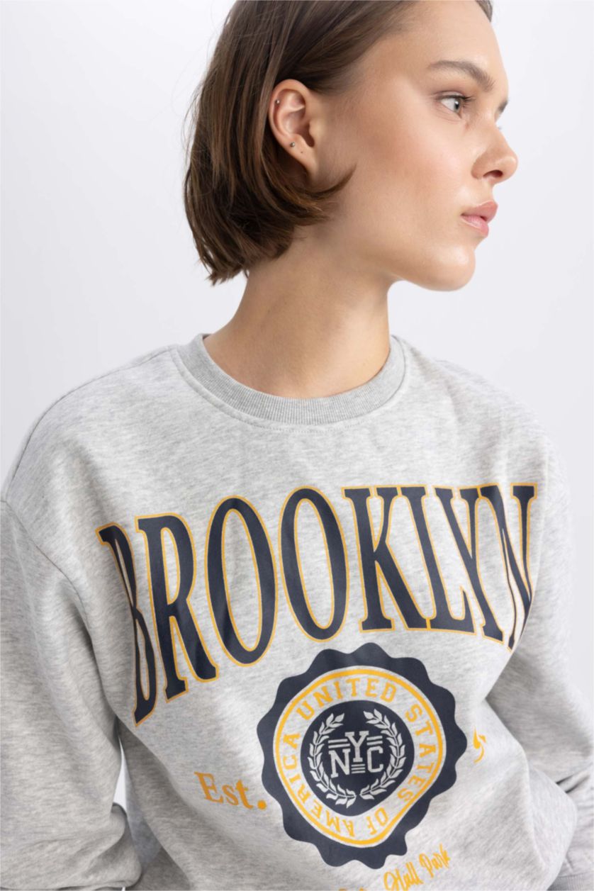 حريمي ميلانج رمادي سويت شيرت قصة عادية برقبة مستديرة