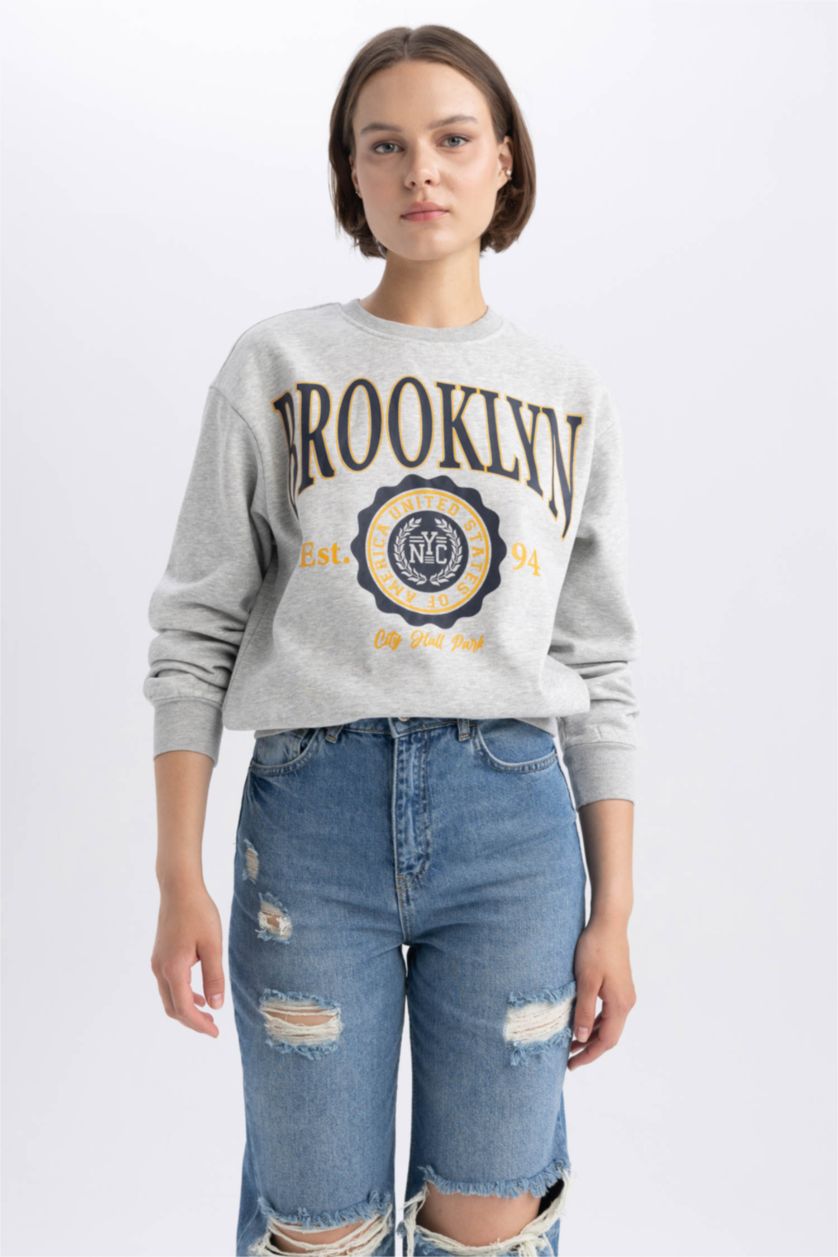 حريمي ميلانج رمادي سويت شيرت قصة عادية برقبة مستديرة