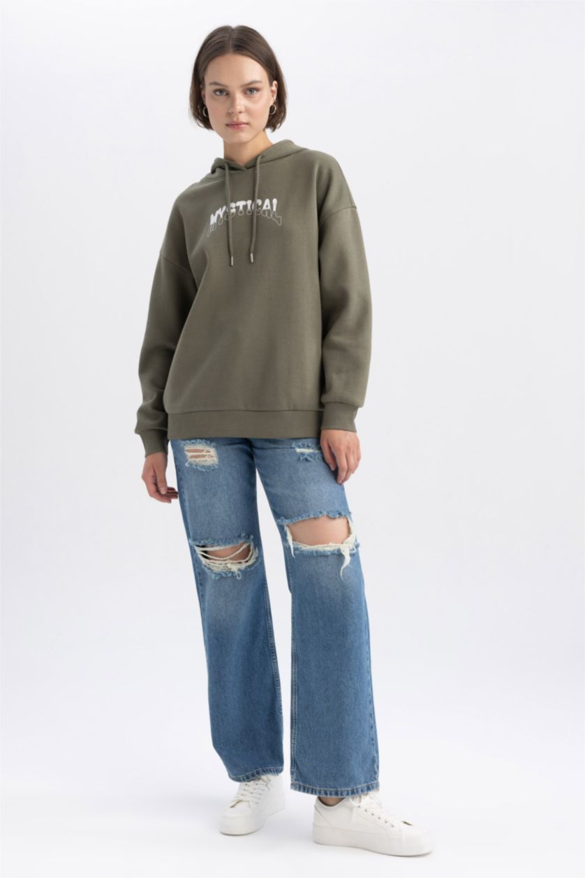 FEMME Kaki Sweat- Shirt Coupe Oversize Encapuchonné