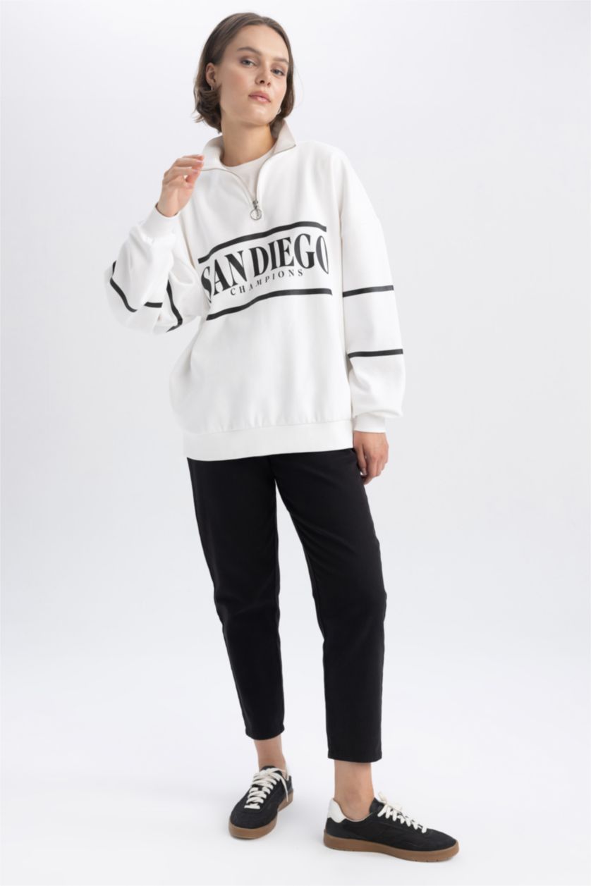 Жіночий Кремовий Світшот оверсайз на блискавці з принтом з товстої тканини для жінок