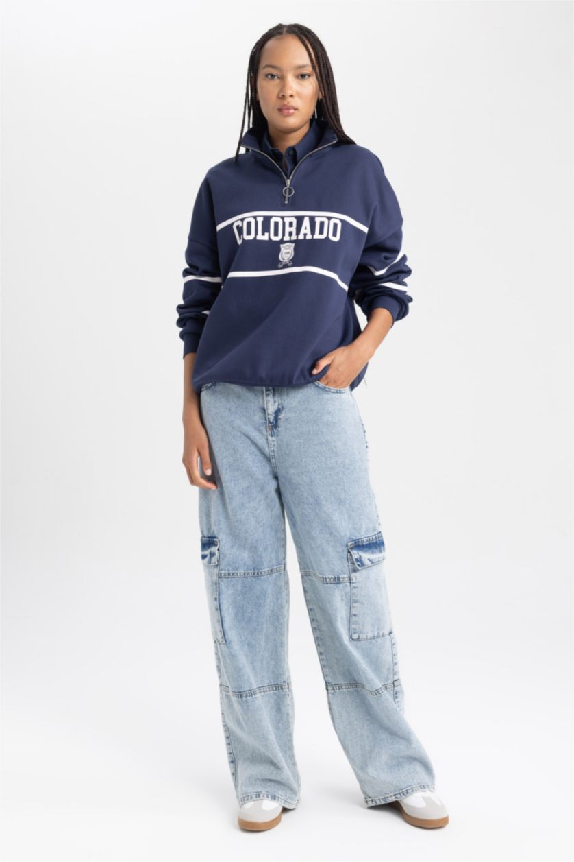 Жіночий Синій Світшот оверсайз на блискавці з принтом з товстої тканини для жінок