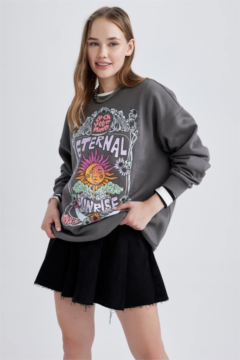 FEMME Gris Foncé Sweat- Shirt Coupe Oversize Imprimé