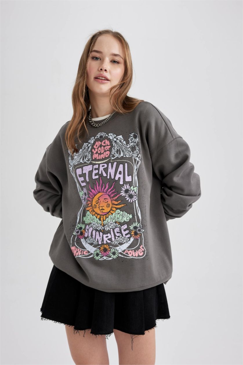FEMME Gris Foncé Sweat- Shirt Coupe Oversize Imprimé