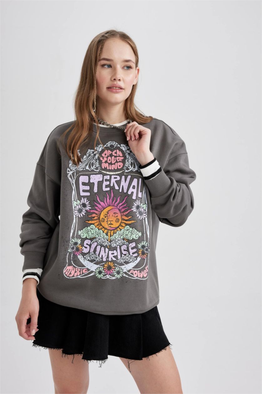 FEMME Gris Foncé Sweat- Shirt Coupe Oversize Imprimé