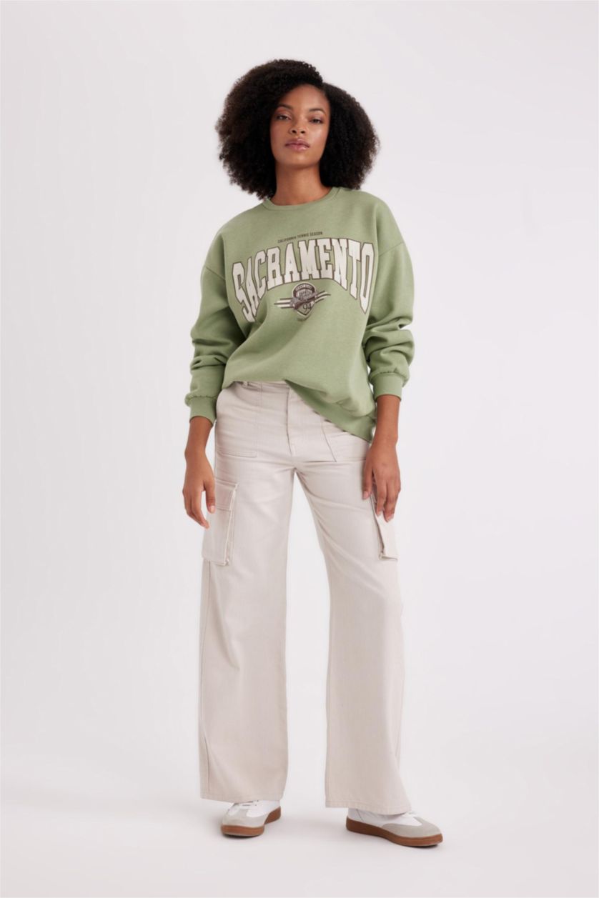 WOMAN Beige Wide Leg Cargo High Waist Standard Gabardine Trousers