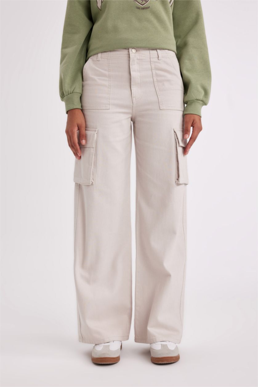 WOMAN Beige Wide Leg Cargo High Waist Standard Gabardine Trousers